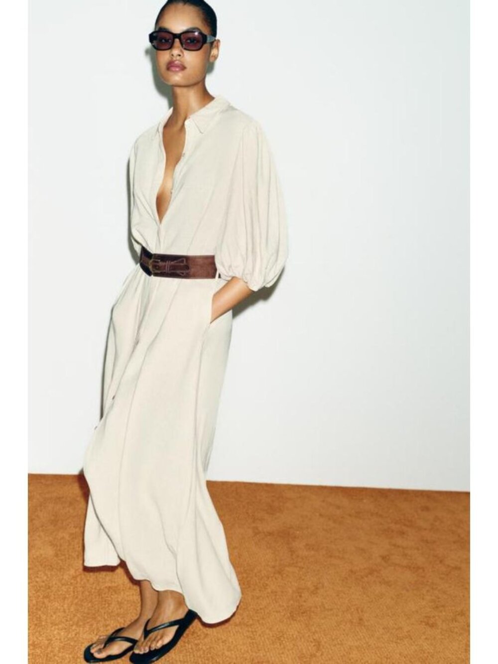 ZARA LINEN BLEND MIDI DRESS WITH BELT - Picture 3 of 9